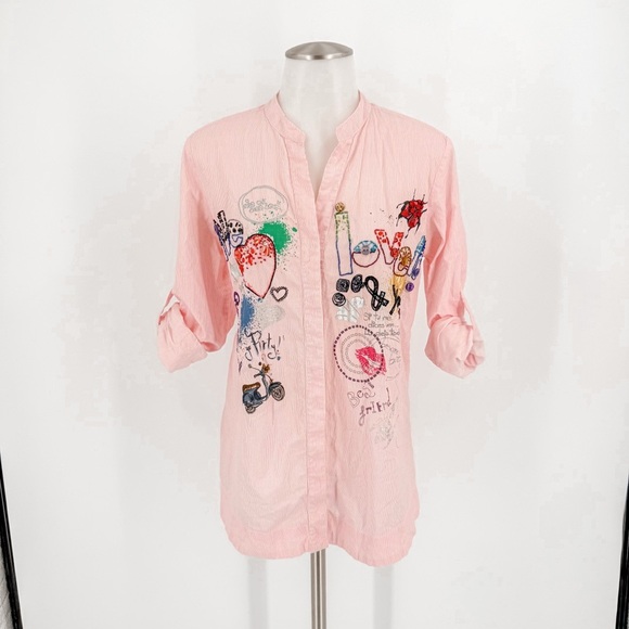 Desigual Pink 3/4 Sleeve Embellished Button Down Shirt - Picture 1 of 4